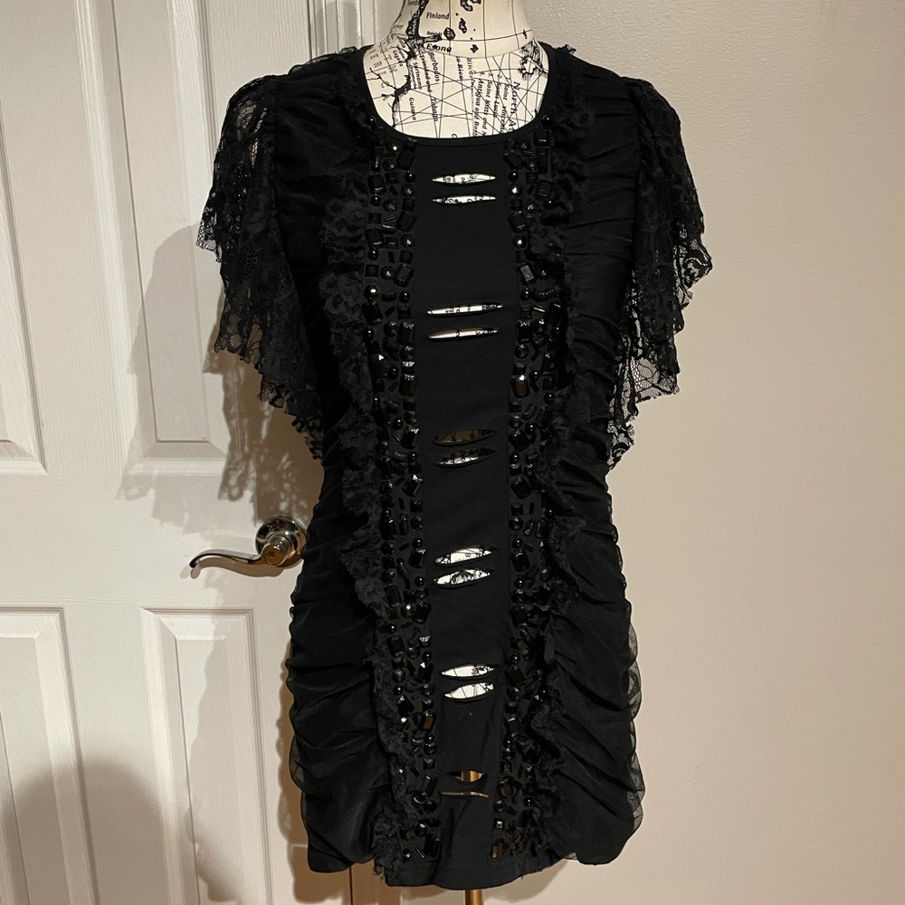 NWOT Twelve by Twelve Los Angeles raw cutouts Goth Lace Embellish Y2K dress M